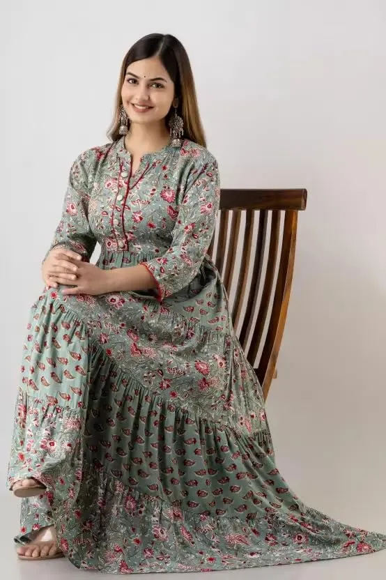 Women's Cotton 3/4 Sleeve Round Neck Floral Printed Long Anarkali Kurti for Wdding Party & Festive