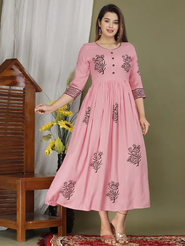 Beautiful Rayon Printed Round Neck Kurta With Block Print Design Jaipuri kurti